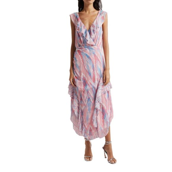 NWT Ramy Brook “Anika” ruffle chiffon maxi dress in pink and blue hues. Size 2 - Picture 2 of 14
